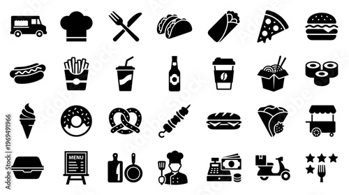 Diverse Fast Food Icons Collection for Delivery and Takeaway Services