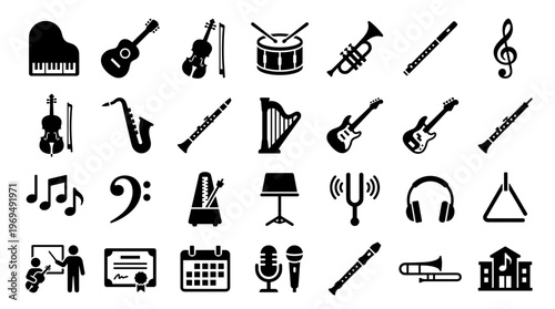 Collection of musical instruments and symbols icons representing music education and performance