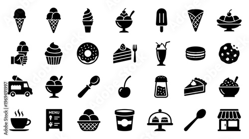 Collection of black and white icons representing sweet treats and desserts like ice cream, donuts, cakes, and coffee for food service and culinary themes