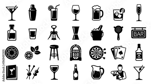 Collection of Bar and Drinks Icons Representing Nightlife and Entertainment