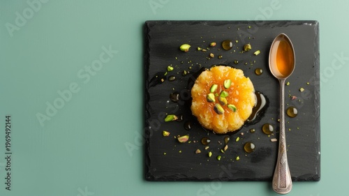 Delicious semolina halwa dessert topped with pistachio nuts served on a black stone plate with a silver spoon on a minimalist pastel green background top view