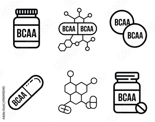 BCAA supplement bottle, capsule, molecular structure, and pills