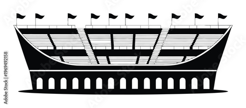 Black and white of a stadium with flags