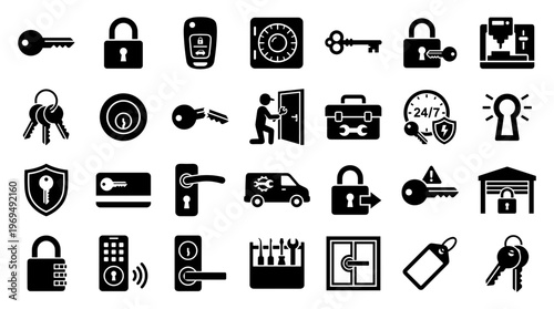 Collection of Security and Access Icons Featuring Locks Keys and Security Systems