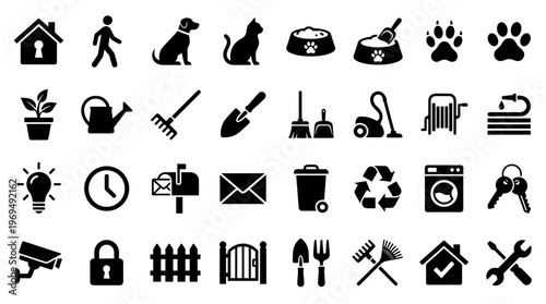 Collection of Icons Representing Home Life Pet Care Gardening Security and Maintenance