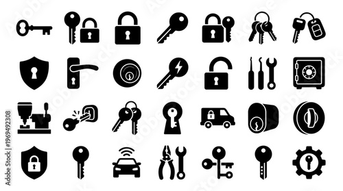 Collection of Security and Access Icons Featuring Locks Keys Safes and Tools for Protection and Entry Solutions