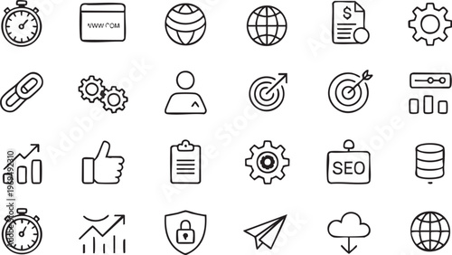Analytics and search optimization outline icons for business performance