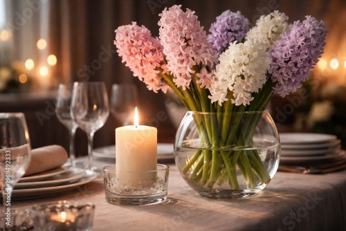 Elegant hyacinth blossoms next to a lit candle in a glass vase on a dining table