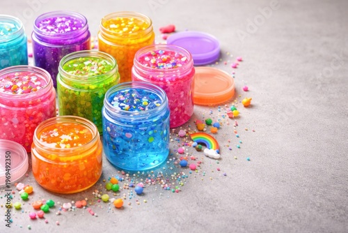 Bright assorted slime jars on a neutral gray surface with copy space for creative kids fun