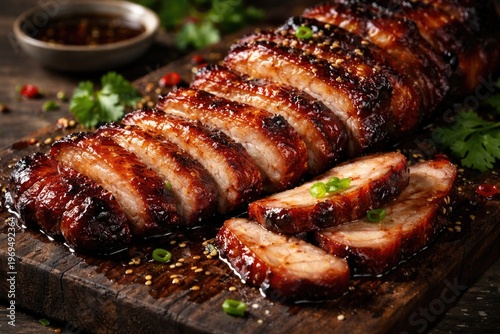 Savory roasted pork with sliced char siu style in a flavorful marinade