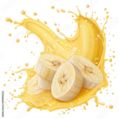 Fresh Banana Splash with Juice Burst on White Background