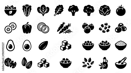 Healthy Food Icons Vegetables Fruits Nuts Seeds Grains and Healthy Ingredients Collection
