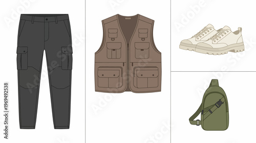 Collection of outdoor adventure clothing and accessories, including cargo pants, a utility vest, sneakers, and a sling bag.
