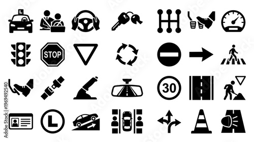 Driving School Icons Set Collection of Traffic Road Safety Symbols and Car Controls for Learning to Drive