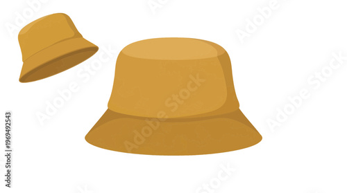 Two simple illustrations of a yellow bucket hat, one larger and in focus, the other smaller and slightly angled.