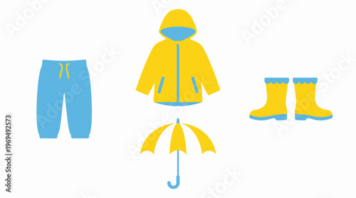 Children's yellow raincoat, blue pants, umbrella, and rain boots for rainy weather protection.