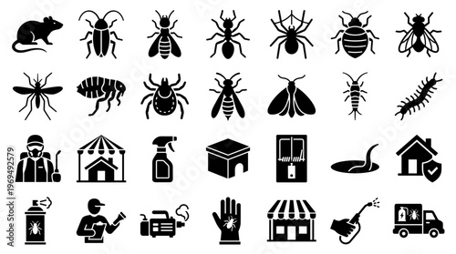 Pest Control Service Icons Set Showing Extermination Methods And Common Pests For Home And Business Protection