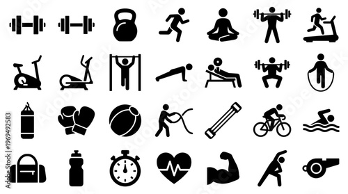 Fitness and Sports Icons Collection Representing Healthy Lifestyle and Exercise Activities