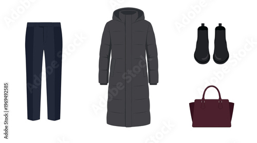 A flat lay of women's winter fashion essentials including a dark grey puffer coat, navy trousers, black ankle boots, and a burgundy handbag.