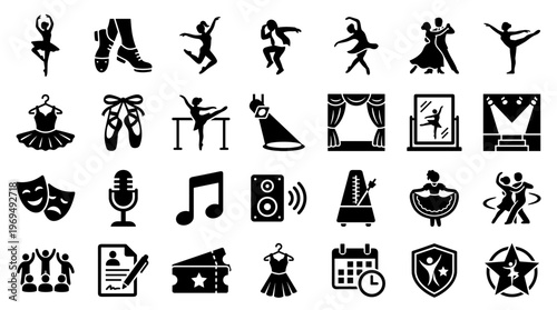 Collection of icons representing performing arts dance music theater and entertainment events symbols