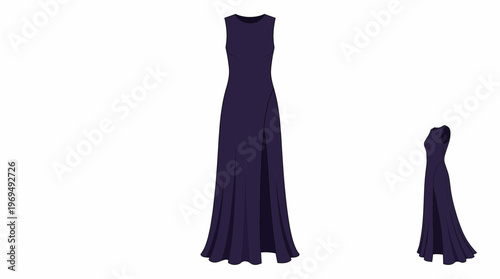 Elegant dark purple sleeveless maxi dress with a flowing skirt, presented on a white background.