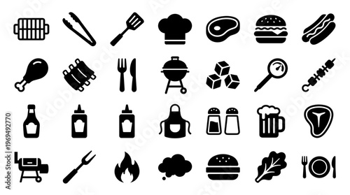 Collection of barbecue and grilling icons representing outdoor cooking food preparation and summer party essentials