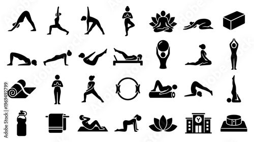 Collection of Yoga Poses and Fitness Icons for Health and Wellness
