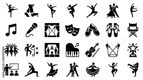 Collection of performing arts and entertainment icons representing dance music theater and sports activities