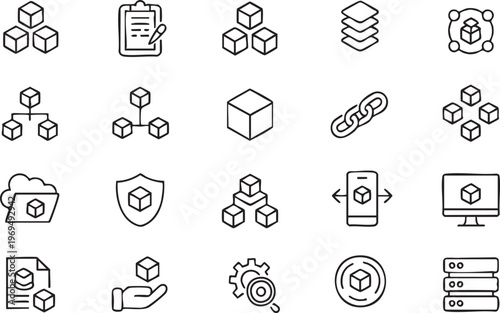 Blockchain technology outline icon collection with data network and security symbols