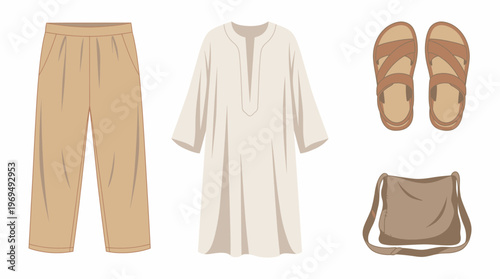 Flat lay of a comfortable and casual outfit including loose pants, a tunic shirt, sandals, and a crossbody bag.