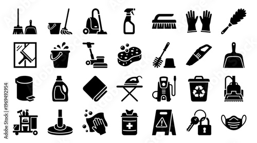 Comprehensive Cleaning Supplies and Equipment Icons for Household and Professional Services