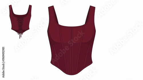 Fashion illustration of a maroon corset top with lace-up back detail, presented on a white background.