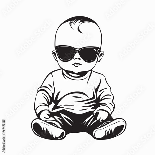 Cute Baby Wearing Sunglasses Sitting Relaxed On Floor Vector Illustration