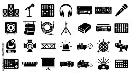 Collection of Dj Equipment and Audio Gear Icons for Music Production and Live Sound