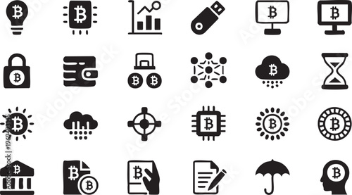 Bitcoin cryptocurrency icon collection with blockchain finance and digital payment symbols