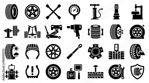 Comprehensive collection of car tire and wheel service icons representing maintenance repair and automotive care