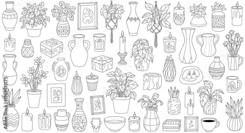 Collection of Hand-Drawn Botanical Illustrations and Vases.