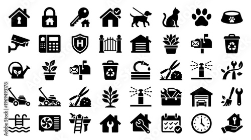 Collection of home maintenance and security icons representing property care and services