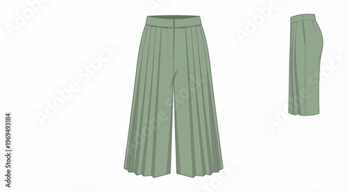 Fashion illustration of wide-leg pleated culottes in a soft sage green color, shown from the front and side.