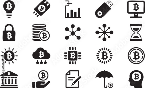 Blockchain and cryptocurrency icon pack with digital currency and fintech symbols