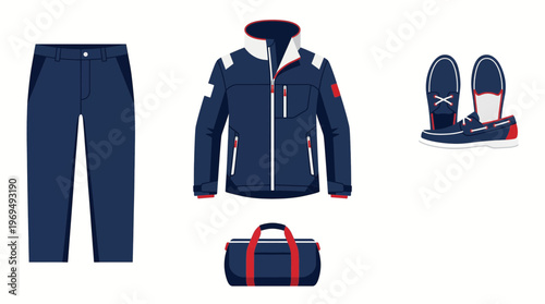 Set of nautical clothing and accessories including pants, jacket, duffel bag, and shoes.