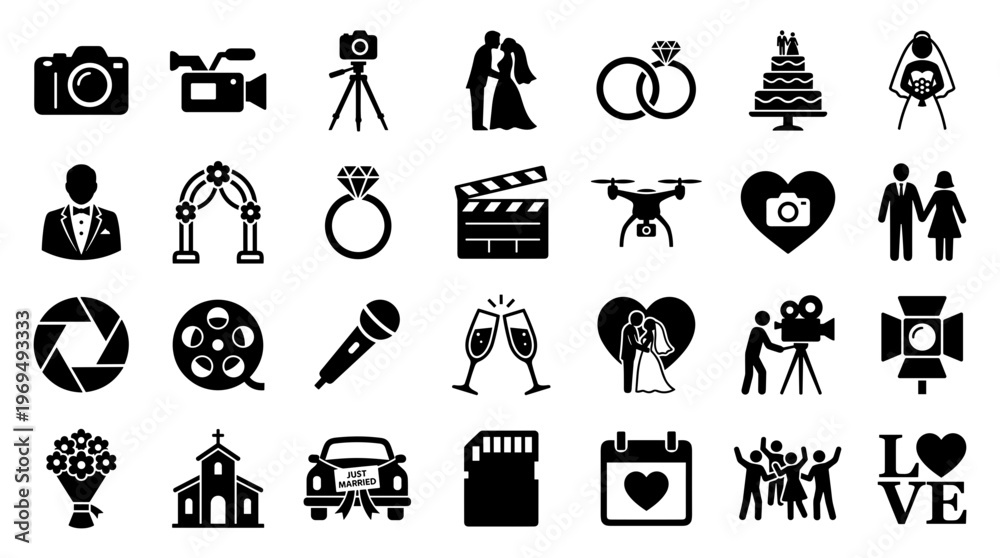 Obraz premium Collection of wedding and event icons representing photography, ceremony, celebration, and technology for event planning and design