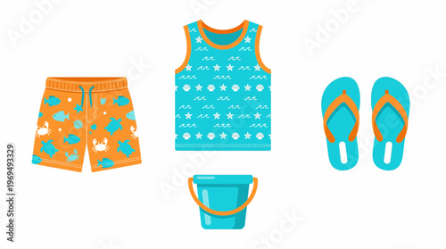 Summer beach vacation essentials including swim shorts, tank top, bucket, and flip-flops.