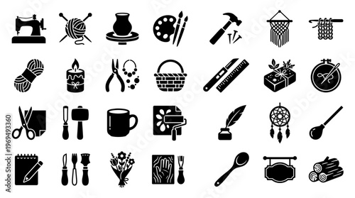 Collection of Craft and Hobby Icons Representing Creative Activities and DIY Projects