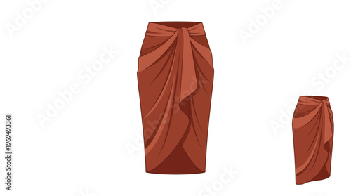 Elegant rust-colored draped skirt with a knot detail, shown in two sizes on a white background.