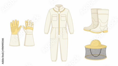 Beekeeping protective suit, gloves, boots, and veil for safe apiary work.