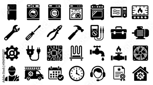 Collection of Household Appliance and Repair Service Icons for Home Maintenance and Technical Support