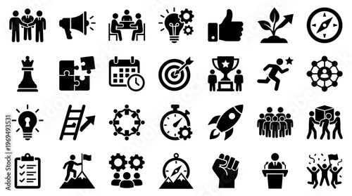 Collection of business and success icons representing teamwork strategy planning achievement and growth