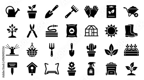 Gardening Tools and Supplies Collection Icons Set for Outdoor Activity and Plant Care