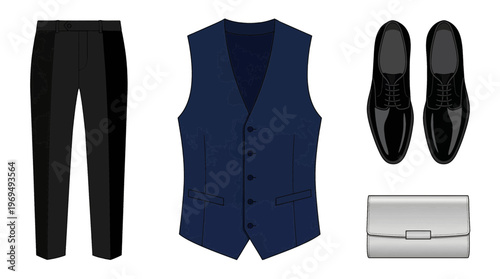 Formal Menswear Outfit: Navy Blue Vest, Black Trousers, Patent Leather Shoes, and Silver Clutch Bag.